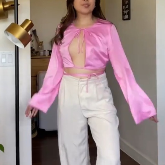 DYNAMITE Pink Satin Cut Out Top - Picture 2 of 5